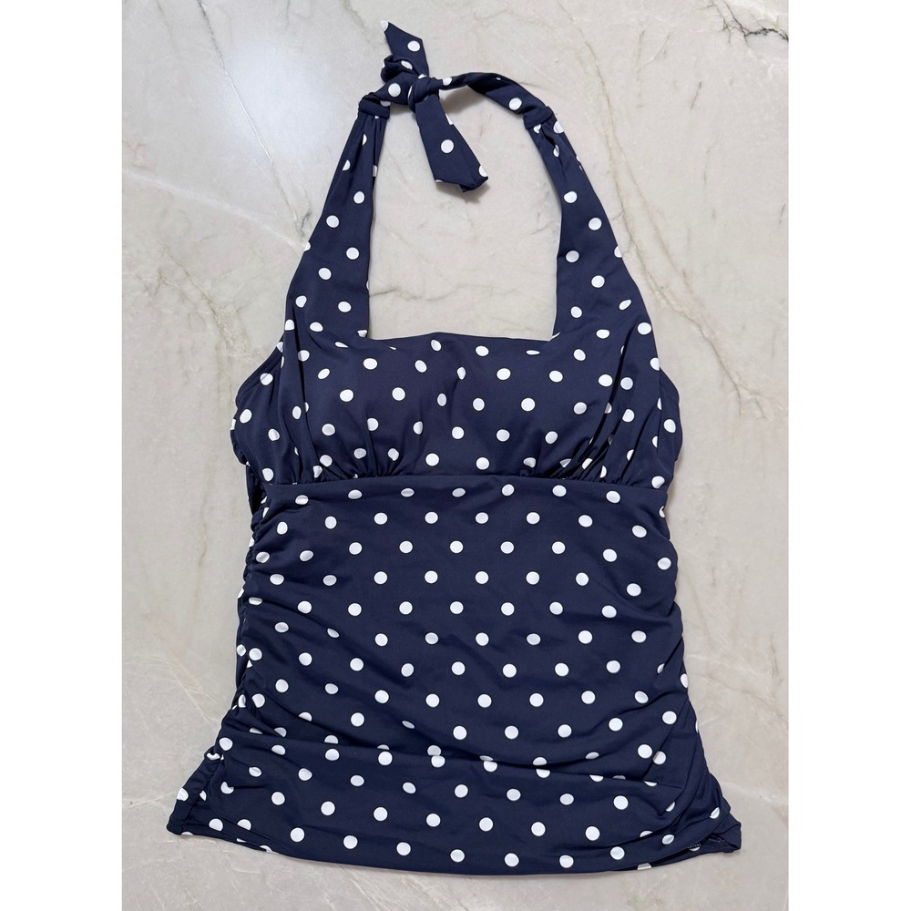 Lands End Navy Blue Polka Dot Halter Tankini Top Ruched Swimwear Womens Size 6